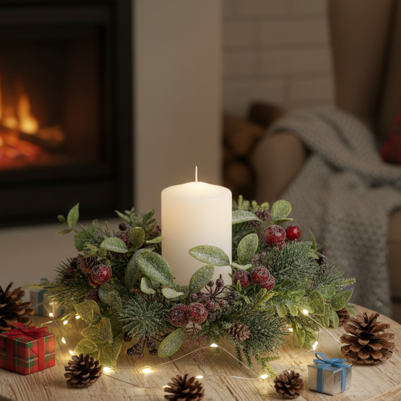 A lit white pillar candle in a festive candle ring made of green pine needles, frosted leaves, pinecones, and red berries, with warm string lights and small wrapped gifts on a wooden surface in front of a blurred fireplace and cosy living room background.