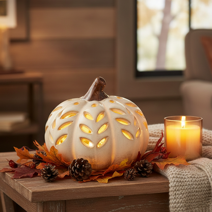 Cream Ceramic LED Lit Pumpkin