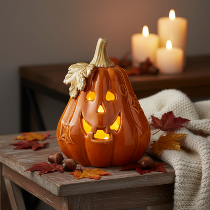 Orange Ceramic LED Lit Ghost Pumpkin