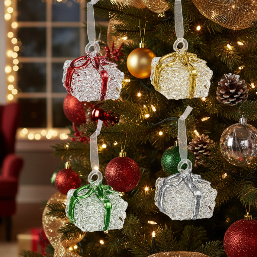 Glass Presents with Coloured Bows Christmas Tree Ornament