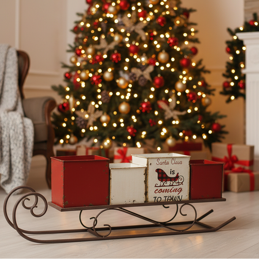 Decorative sleigh with Christmas-themed boxes in front of a decorated Christmas tree.