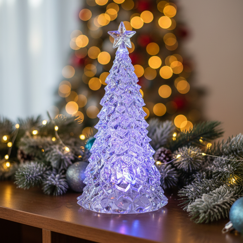 Decorative Christmas tree with colorful lights on a table with a blurred festive background