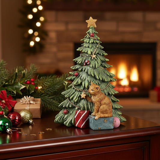 Decorative Christmas tree ornament with a cat figure on a mantelpiece in front of a fireplace.