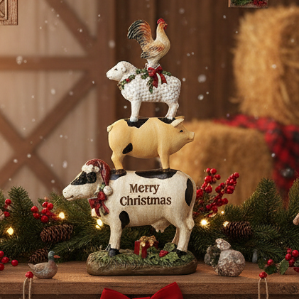 Stacked animal figurines on a Christmas-themed stand with 'Merry Christmas' text, surrounded by festive decorations.