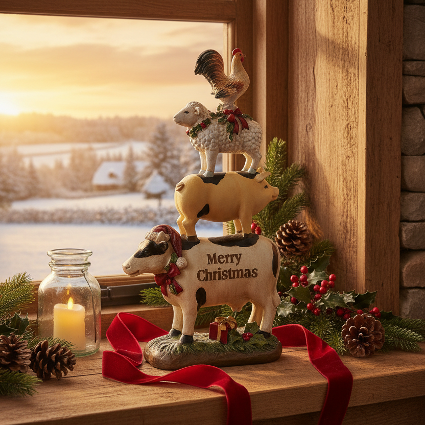Decorative tiered stand with animals and 'Merry Christmas' text, candle, and festive decorations on a windowsill.