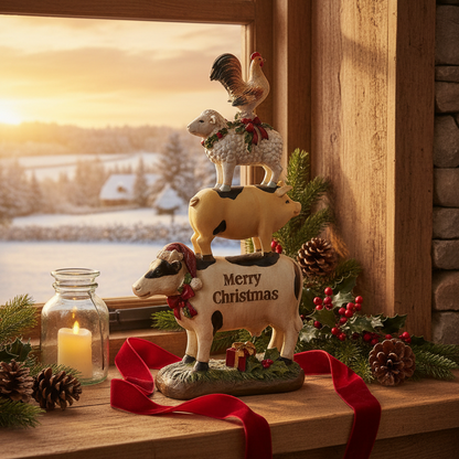 Decorative tiered stand with animals and 'Merry Christmas' text, candle, and festive decorations on a windowsill.