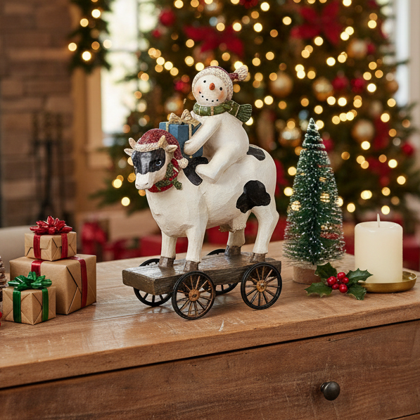 Decorative cow figurine with a snowman on a cart, surrounded by Christmas decorations including a tree and presents.
