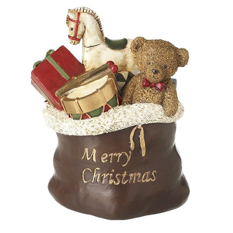 Decorative brown and gold resin Christmas Santa sack scene with a horse, teddy bear, and presents on a white background.