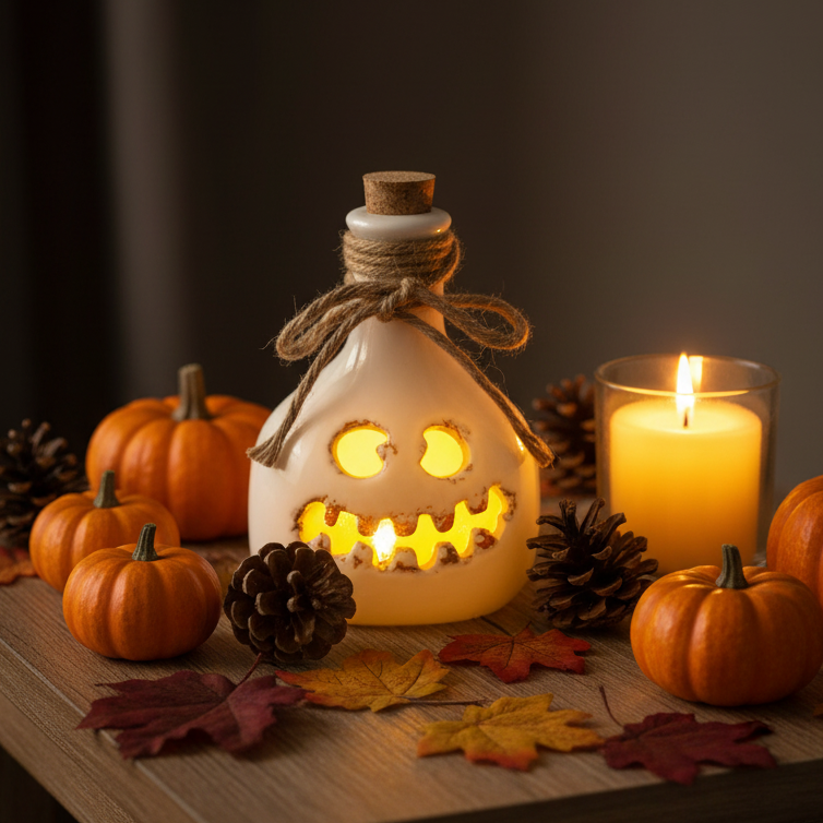 A white ceramic Halloween bottle with a cork stopper, wrapped in twine, and featuring a distressed yellow smiley face.