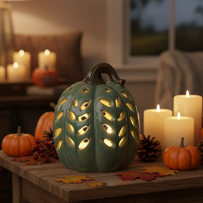 A teal-green ceramic pumpkin-shaped lantern with cutout leaf patterns, glowing with warm light inside, displayed on a wooden table with candles, small pumpkins, pinecones, and autumn leaves in a cozy indoor setting.