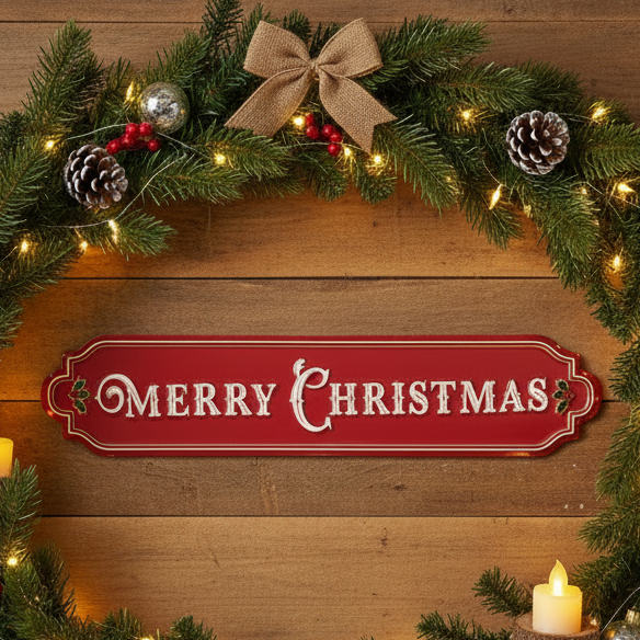 Decorative Christmas wreath with 'Merry Christmas' sign on a wooden background