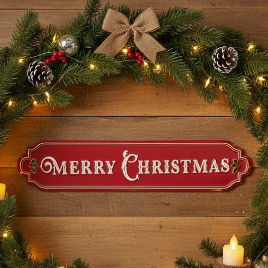 Decorative Christmas wreath with 'Merry Christmas' sign on a wooden background