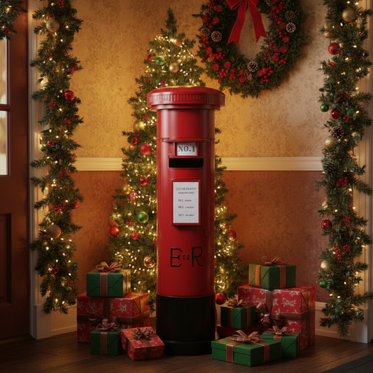 A red Christmas-themed mailbox styled in a festive holiday room with a decorated Christmas tree, wreath, garlands, and wrapped gift boxes on the floor.
