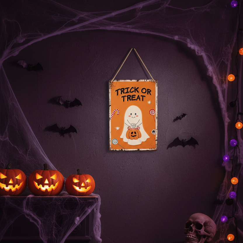 A Halloween wall hanging sign featuring a cartoon ghost holding a jack-o'-lantern with the words 'TRICK OR TREAT' above it. The sign is displayed on a dark purple wall surrounded by spooky decorations including carved pumpkins, cobwebs, black bats, and orange string lights.