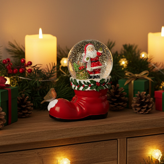 Red Santa Boot Christmas Snowglobe with Robin