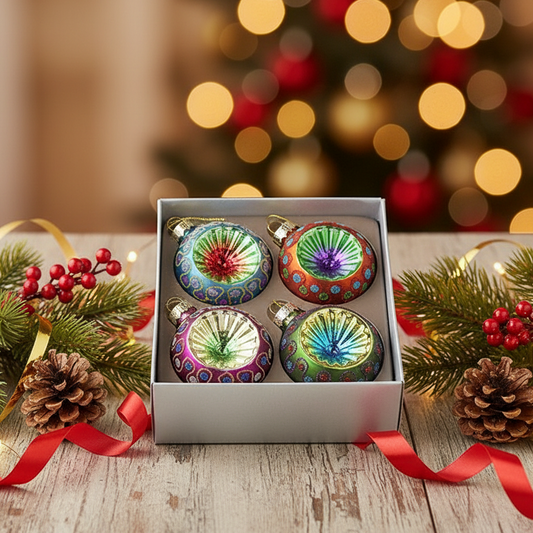 A gift box containing four colorful Christmas ornaments with intricate patterns, styled on a rustic wooden table with pine branches, pinecones, red berries, and a blurred Christmas tree in the background.