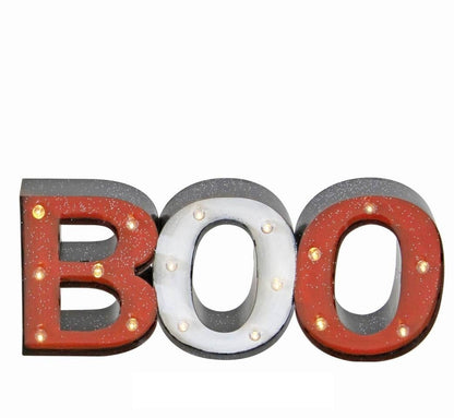 A decorative 3D letter sign spelling 'BOO' with red glittery letters and a white center letter, each outlined in dark gray and accented with small gold marquee lights, shown on a plain white background.