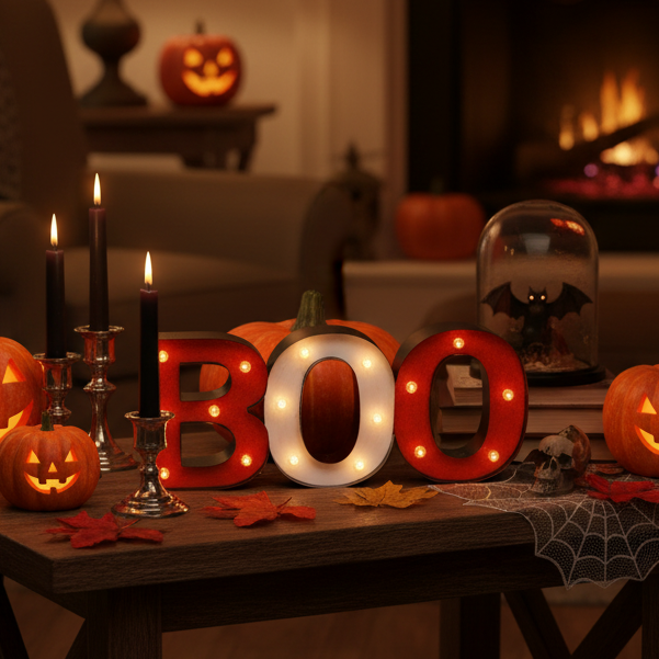 A cosy Halloween table top display with illuminated marquee letters spelling BOO, surrounded by jack-o'-lanterns, black candles, autumn leaves, a spiderweb runner, and a small bat under a glass dome in a warmly lit living room.
