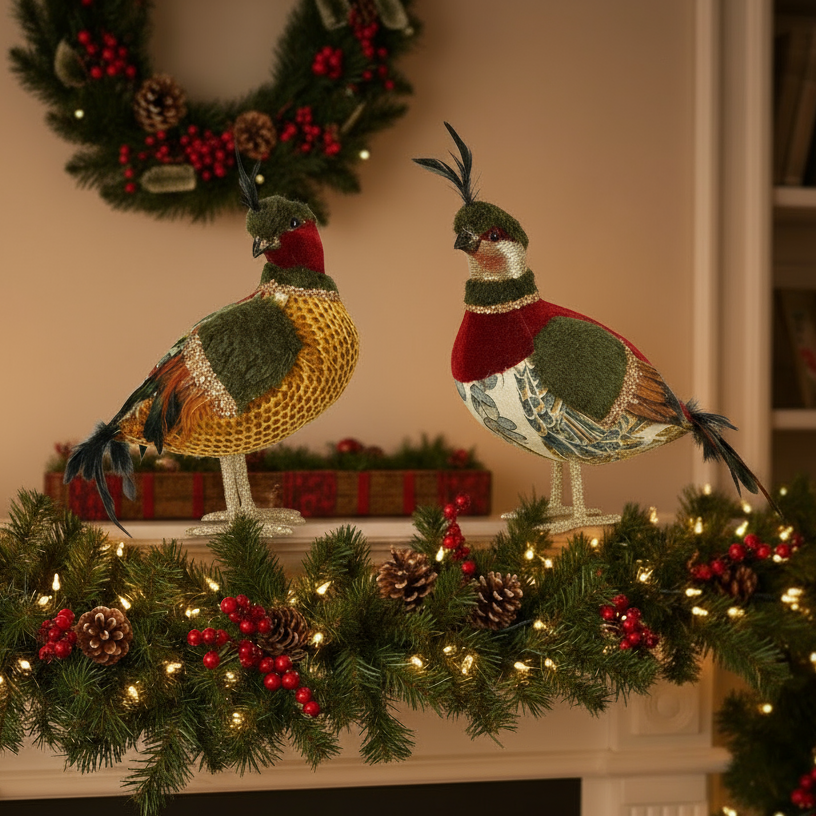 Decorative birds on a mantel with Christmas decorations
