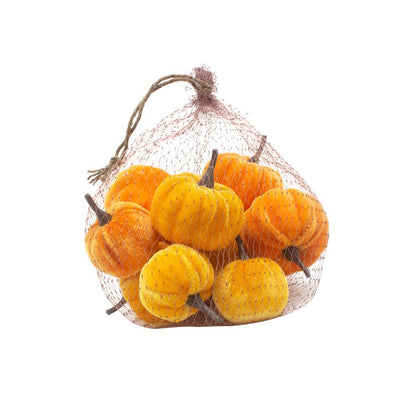Bag of small pumpkins with a mesh bag on a white background