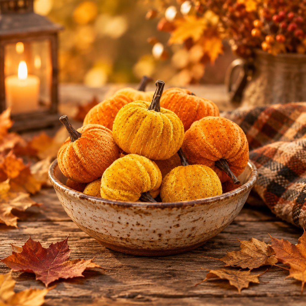 A ceramic bowl filled with small decorative pumpkins in orange and yellow, styled on a rustic wooden table with autumn leaves, a lit candle, and a plaid cloth in the background.