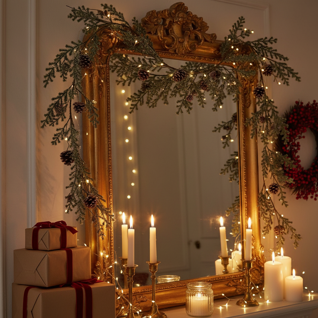 Decorative mirror with gold frame, candles, and Christmas decorations on a shelf.