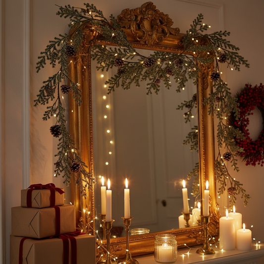 Decorative mirror with gold frame, candles, and Christmas decorations on a shelf.