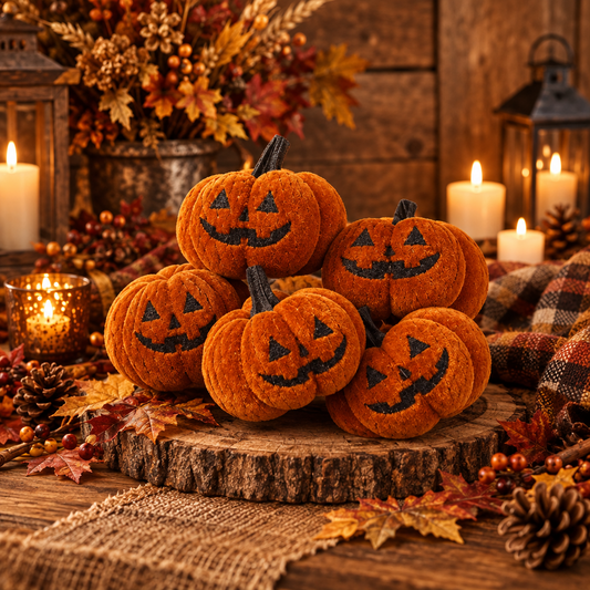 Set of 6 Velvet Halloween Pumpkins with Faces