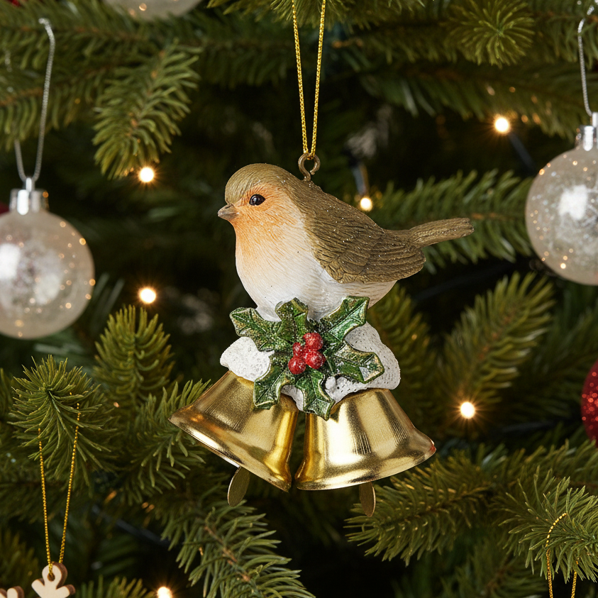 Christmas ornament of a robin with gold bells and holly on a decorated tree.