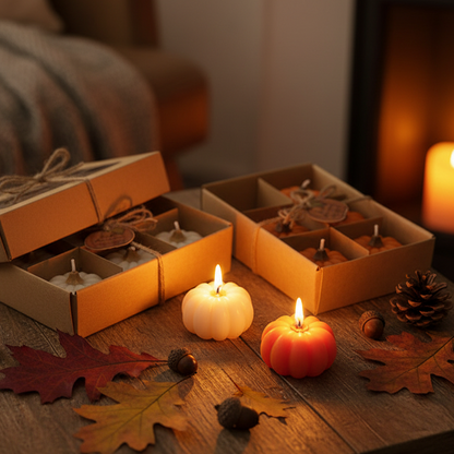 Two open kraft gift boxes containing small pumpkin-shaped candles, styled on a wooden table with autumn leaves, acorns, pinecones, and a warm glowing candle in the background.