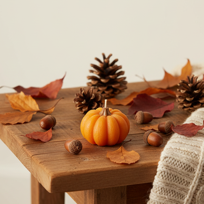 A set of small orange pumpkins displayed in a brown cardboard gift box with compartments, tied with twine and a small tag, with one pumpkin placed in front on a white background.