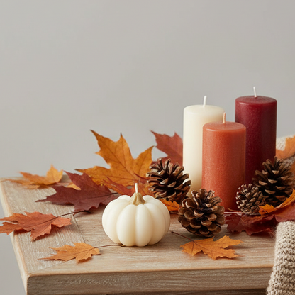 A set of small white decorative pumpkins in a brown cardboard gift box with compartments, twine, and a round tag, plus one pumpkin shown outside the box on a white background.