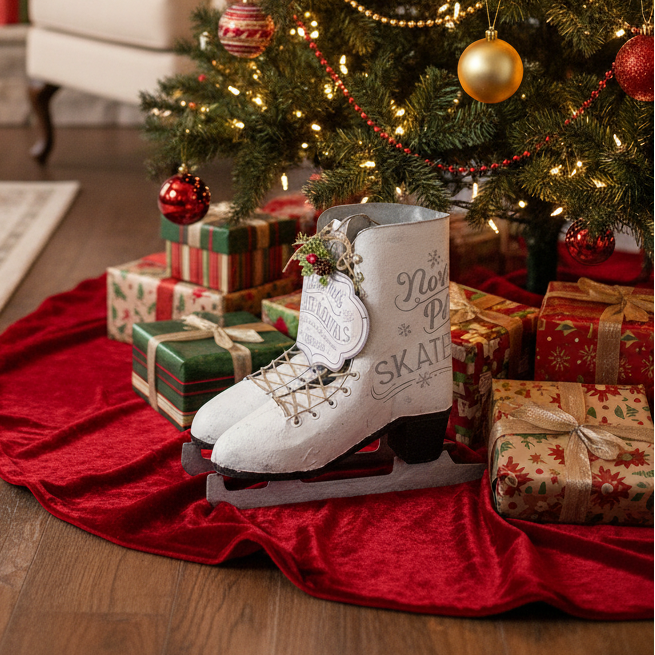 White ice skate with decorative elements on a red blanket in front of a Christmas tree with presents.