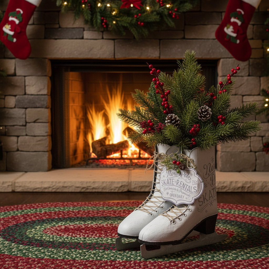 Decorative ice skates with Christmas decorations in front of a fireplace.