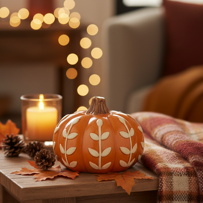 An orange decorative pumpkin with cream leaf patterns sits on a wooden table in a cozy autumn setting, surrounded by a lit candle, pinecones, fall leaves, and a plaid blanket, with warm string lights blurred in the background.