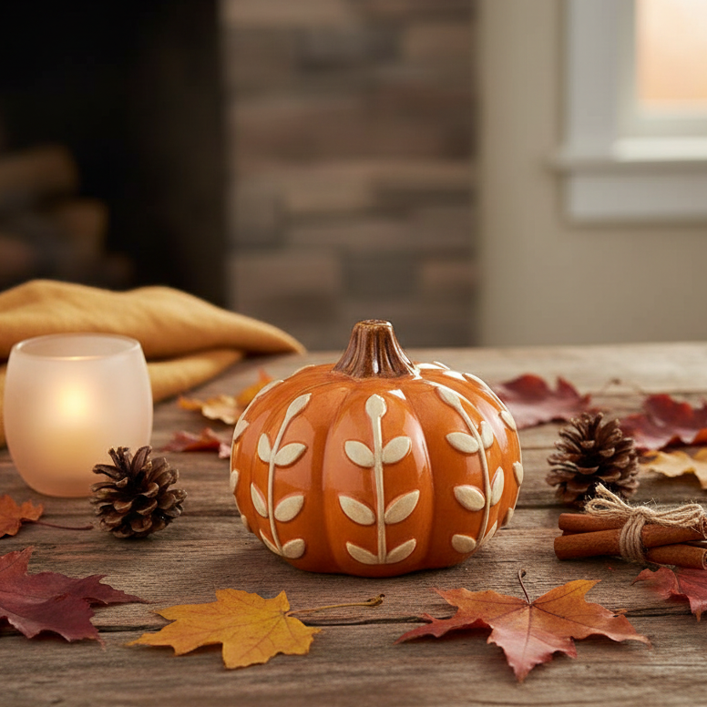 An orange ceramic pumpkin candle holder with white leaf patterns sits on a rustic wooden table surrounded by autumn leaves, pinecones, cinnamon sticks, and a glowing candle in a glass holder.