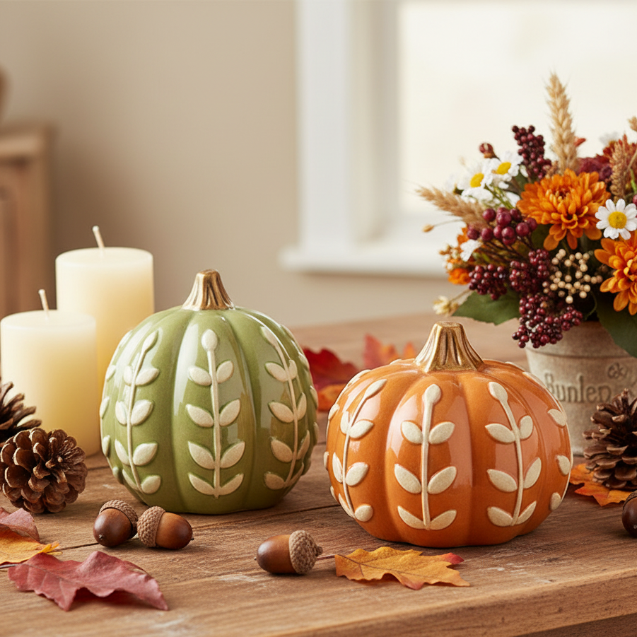 Two decorative ceramic pumpkins with raised leaf patterns, one sage green and one orange, displayed on a wooden table with autumn-themed props including candles, pinecones, acorns, and a floral arrangement.