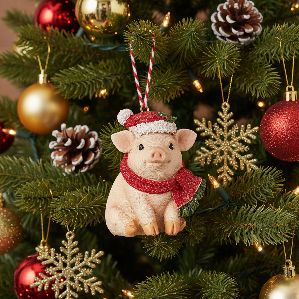 Decorative pig ornament with a Santa hat and red scarf on a Christmas tree.