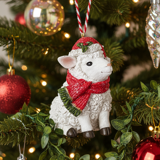Decorative sheep ornament with a red hat and scarf hanging on a Christmas tree.