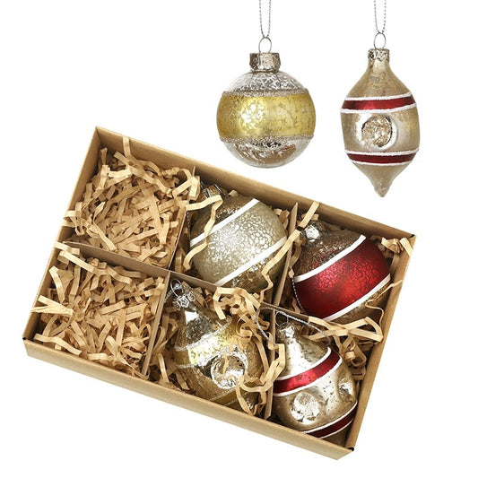 Set of 6 Red and Gold Ornate Glass Christmas Baubles