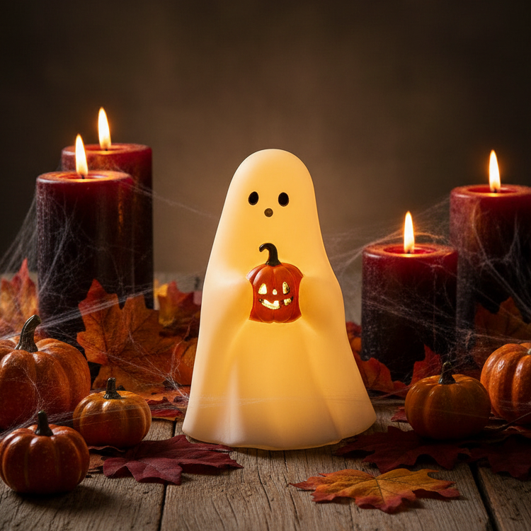 A cute ghost-shaped night light with a glowing warm yellow-white body, holding a small carved orange pumpkin. The ghost has simple black eyes and a small nose.