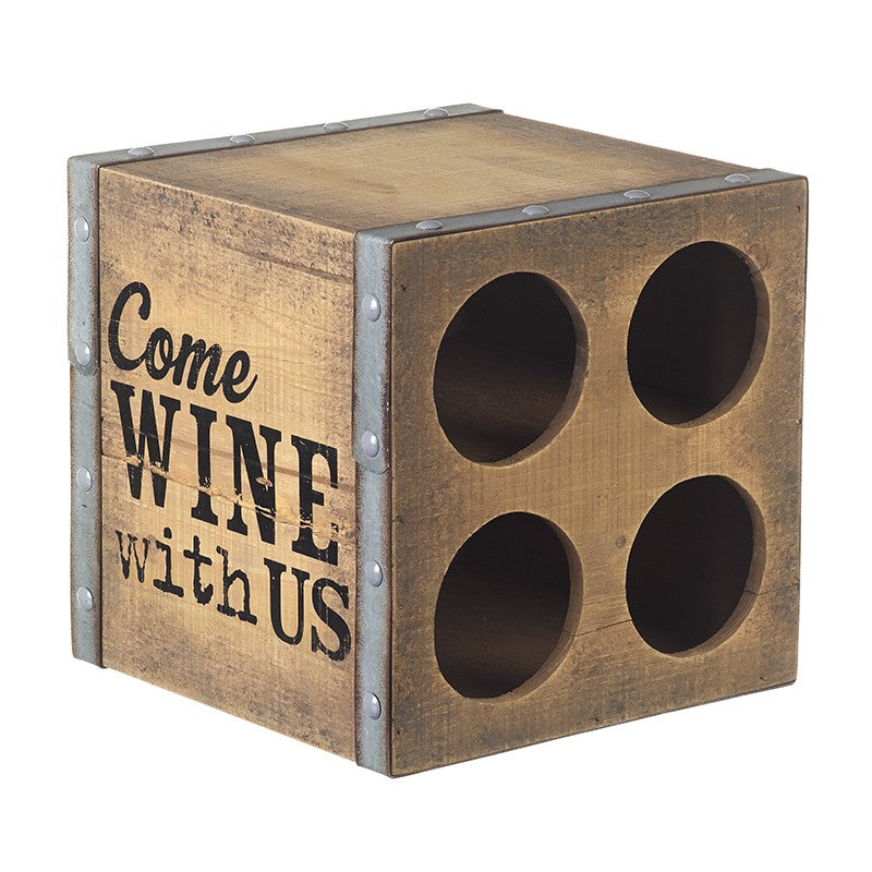 A rustic wooden wine box with metal corner brackets and rivets, featuring the printed text 'Come WINE with US' and four circular cutouts on the front, shown on a white background.