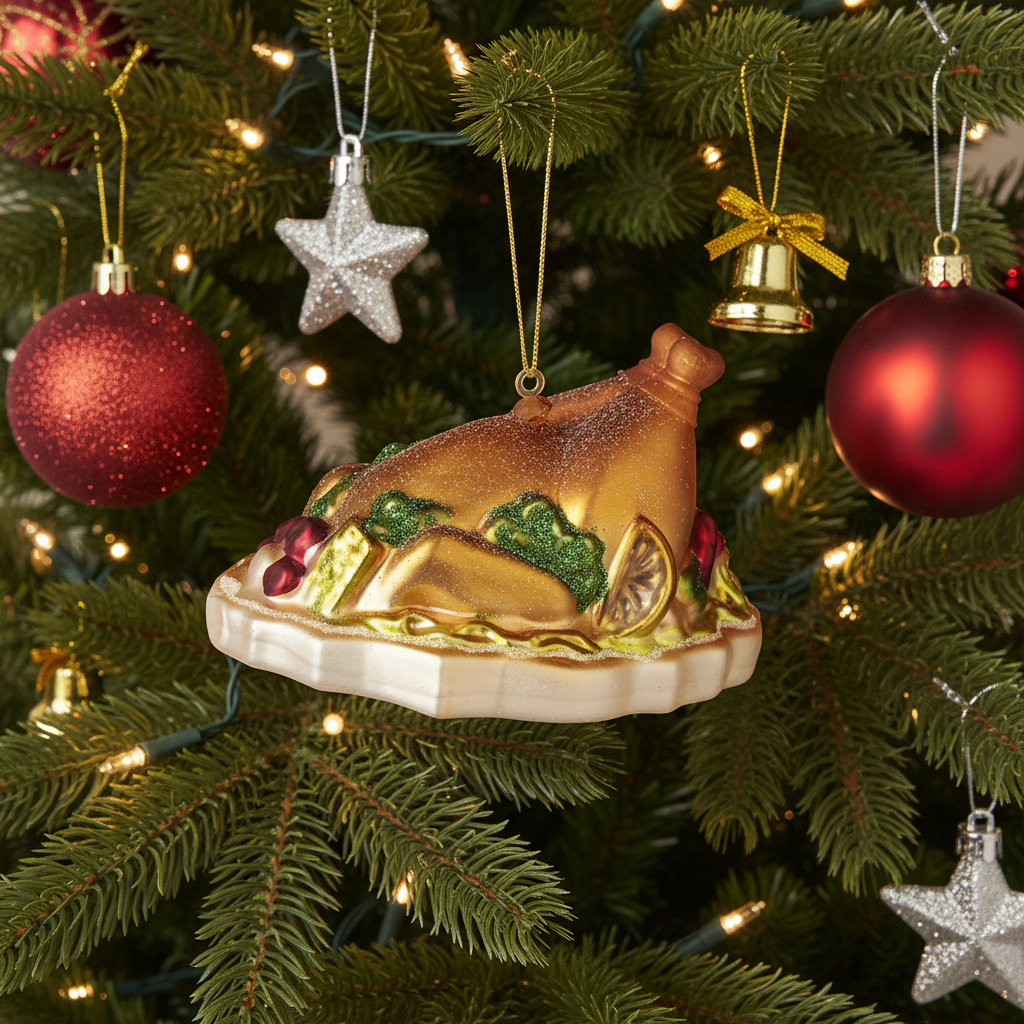 Decorative Christmas ornament shaped like a roasted turkey hanging on a Christmas tree with ornaments and lights.