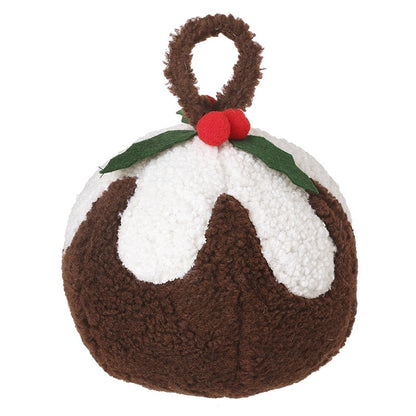 A plush pudding-shaped Christmas door stop made of fuzzy brown and white fabric, with a brown loop handle, green leaves, and two red berries on a plain white background.