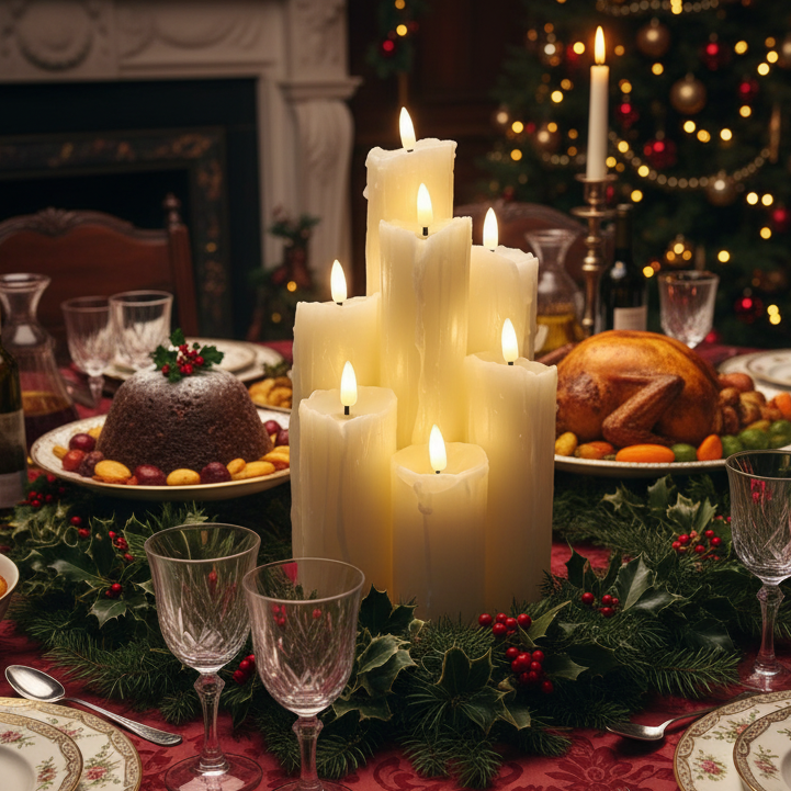 Decorative Christmas table setting with candles, food, and a festive atmosphere.