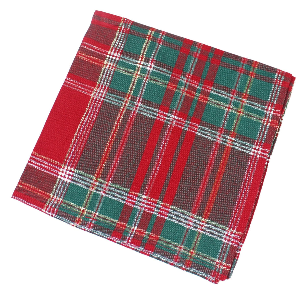 A folded tartan plaid fabric napkin featuring a classic red, green, and gold plaid pattern with thin white and yellow stripes, shown on a plain white background.
