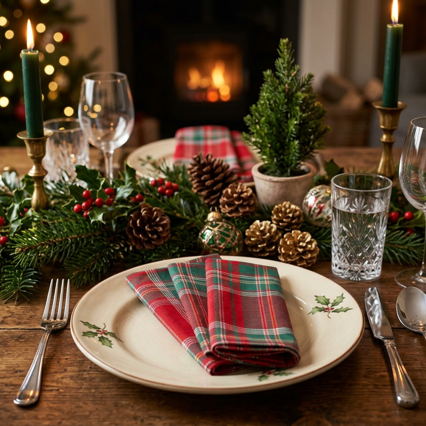 A beautifully styled Christmas table setting with a cream plate holding a red and green plaid napkin, surrounded by wine glasses, silverware, pinecones, holly, evergreen branches, and a small potted tree in front of a warm fireplace.