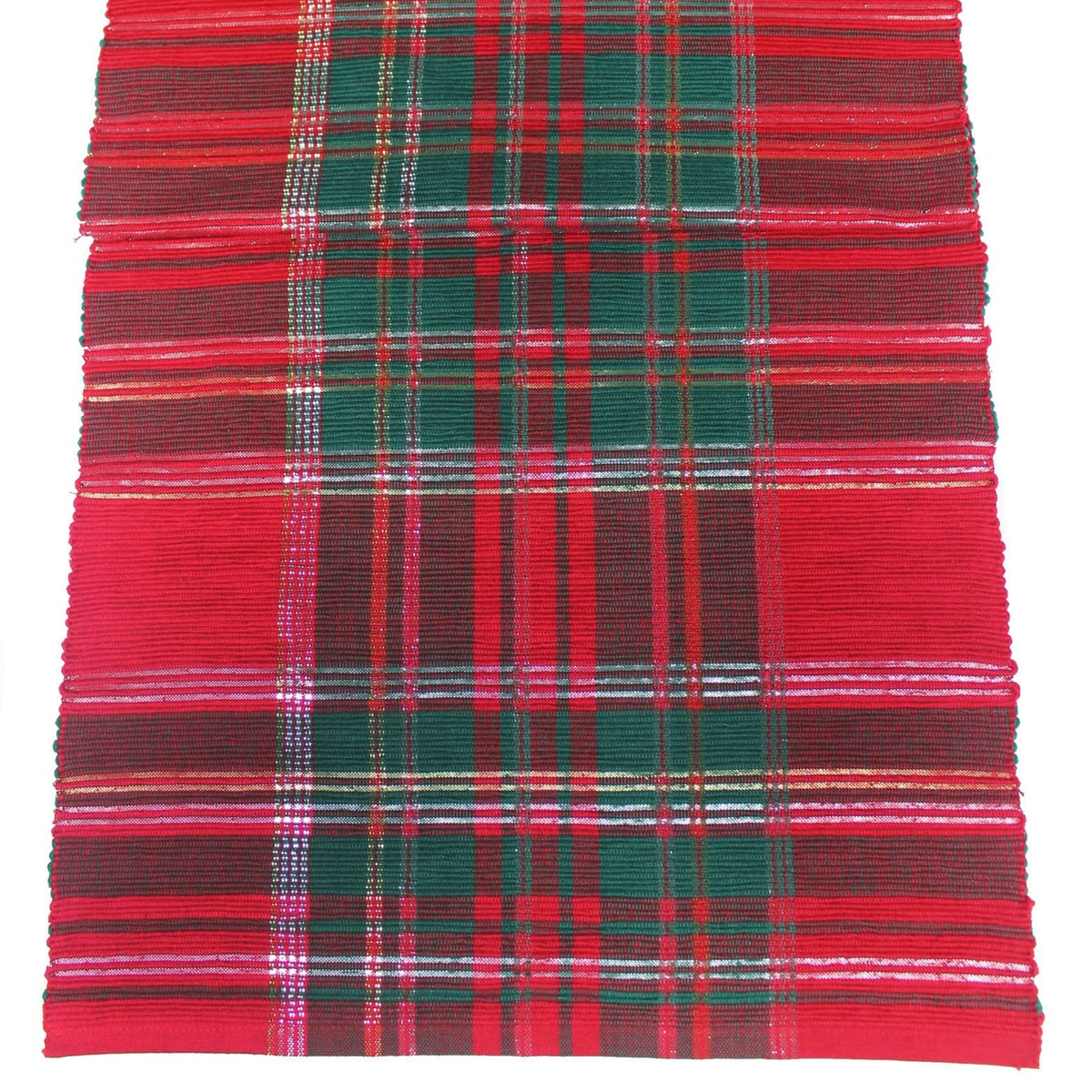 A close-up of a woven plaid fabric table runner with a tartan pattern in red and green, featuring thin white and yellow accent stripes.