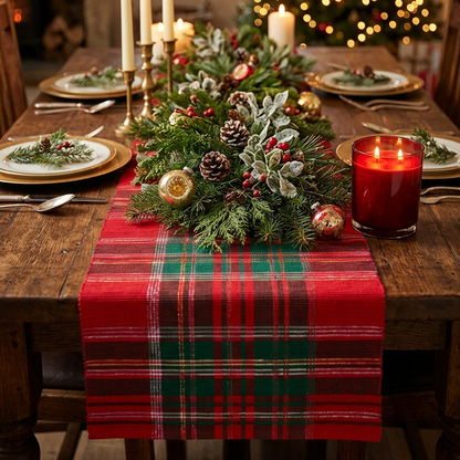 A festive Christmas table setting featuring a red and green plaid table runner, a green pine garland with pinecones and berries, gold plates, and warm candlelight on a rustic wooden table.