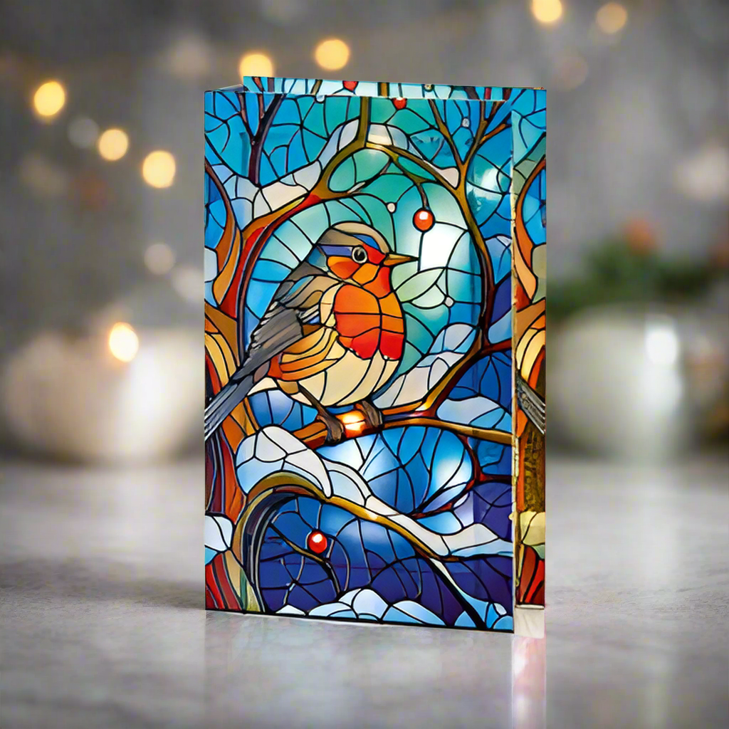 Robin on Branch Stained Glass Lit Christmas Ornament